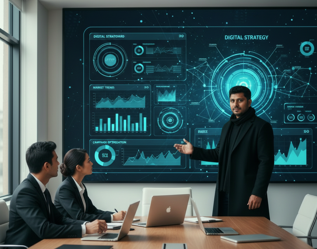 Professional setting with focus on digital strategy